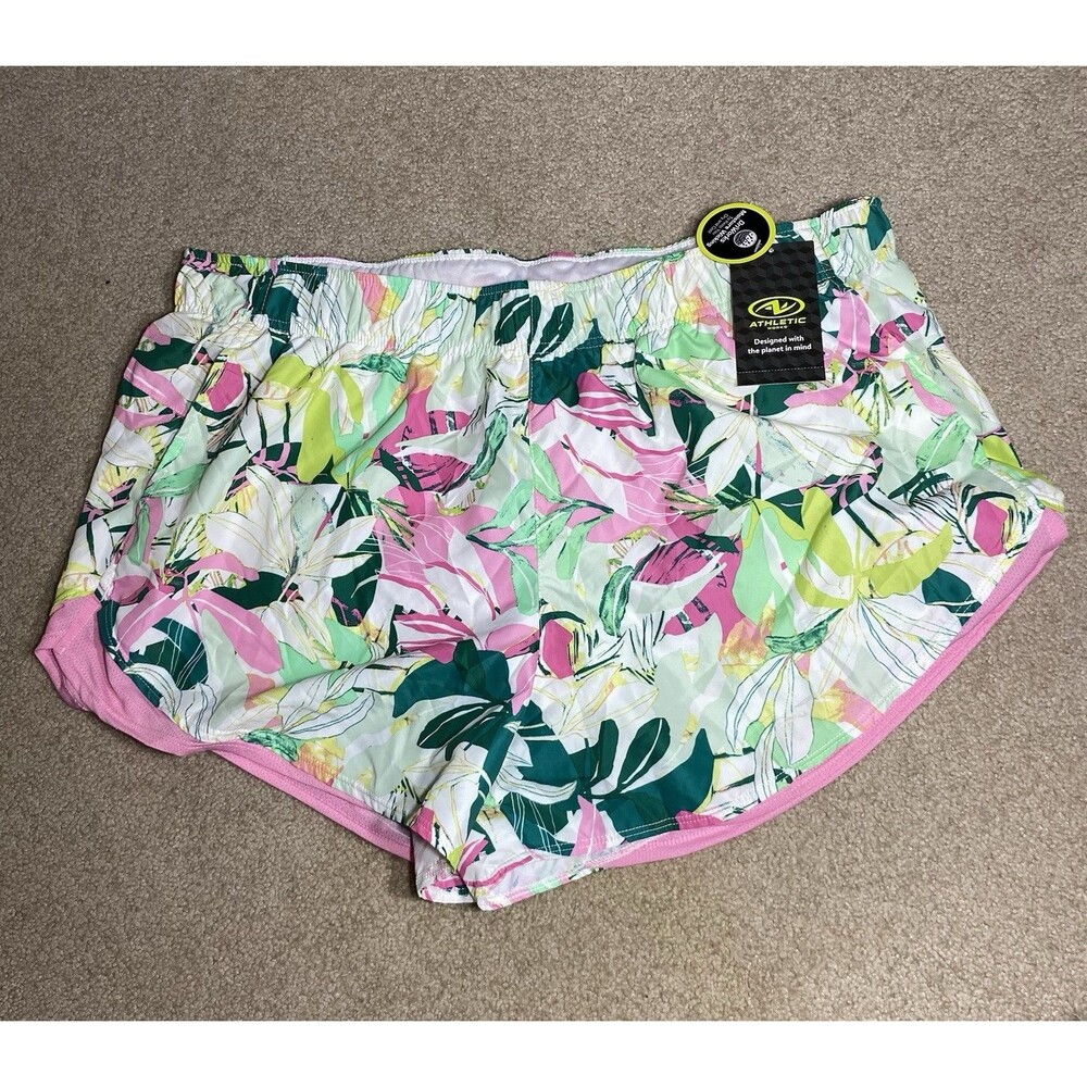 Athletic Works Women's XXL (20) Floral Running Shorts Pink Green Tropical Lined